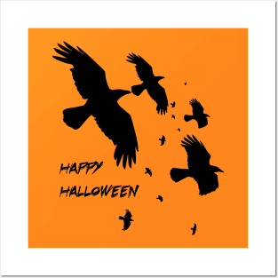 Happy Halloween Crows In Flight Vector Silhouette Posters and Art